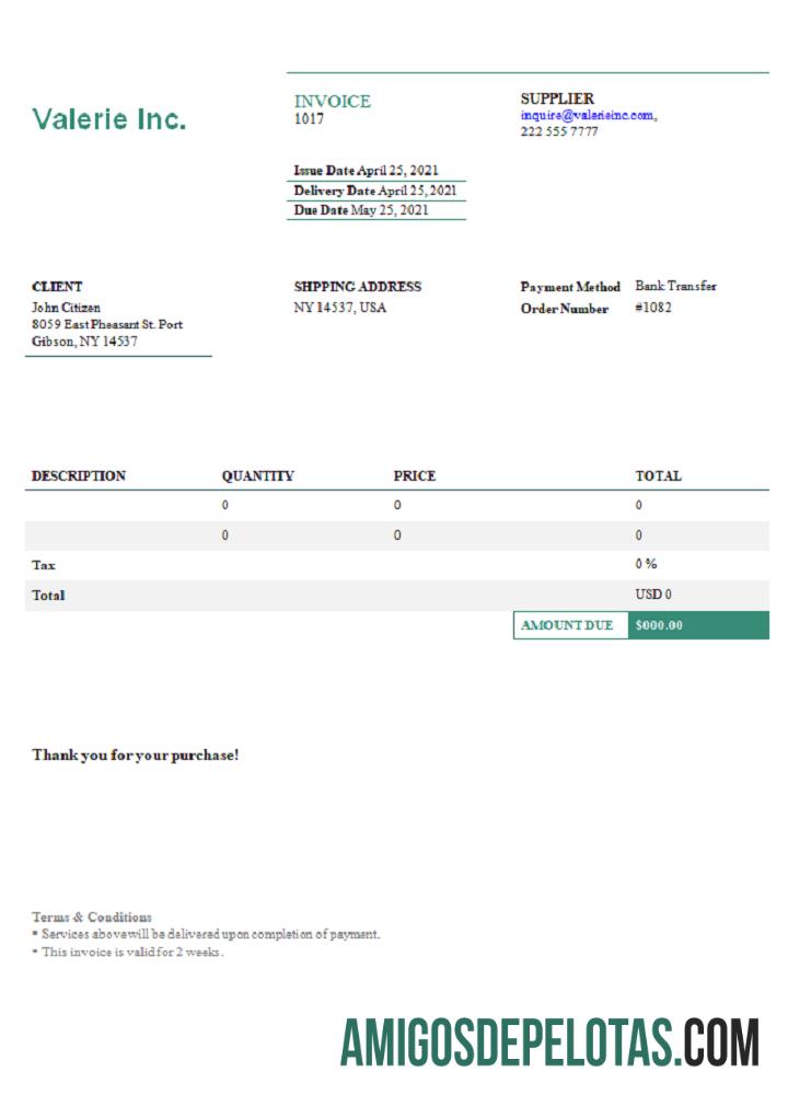 Fatura da Valerie Inc. dos EUA exemplo